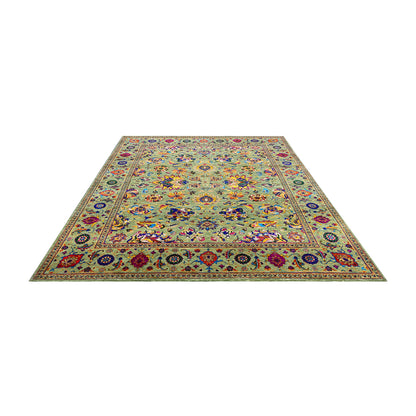 Green Multy, Sari Silk and Wool Hi-Lo Traditional Handknotted 7.11x9.9Ft 241x298Cms Area Rug