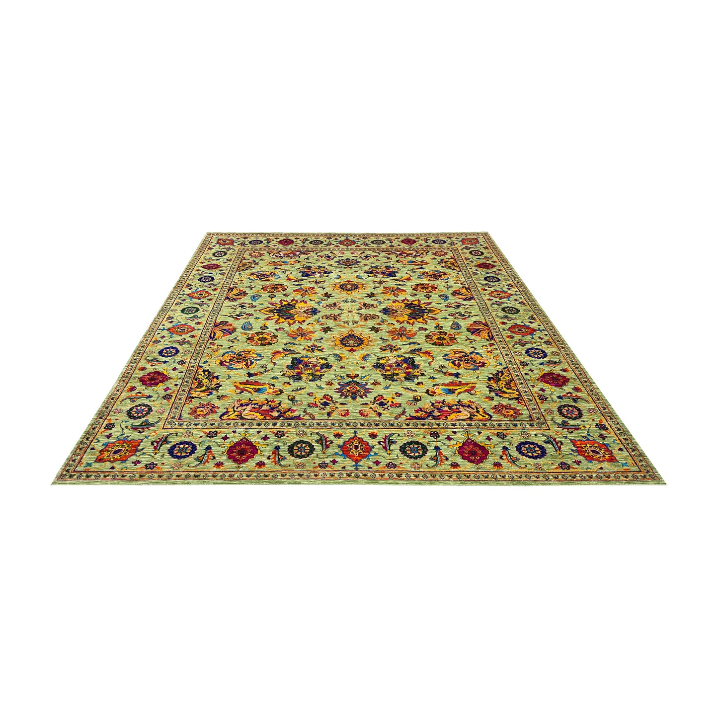 Green Multy, Sari Silk and Wool Hi-Lo Traditional Handknotted 7.11x9.9Ft 241x298Cms Area Rug