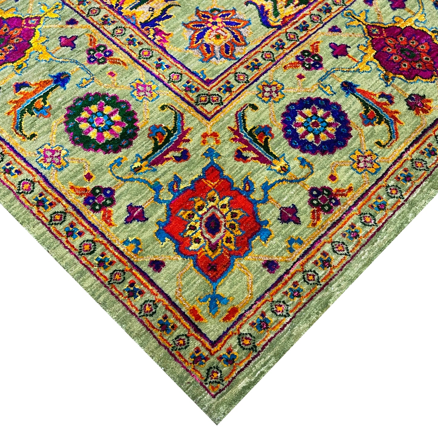Green Multy, Sari Silk and Wool Hi-Lo Traditional Handknotted 7.11x9.9Ft 241x298Cms Area Rug