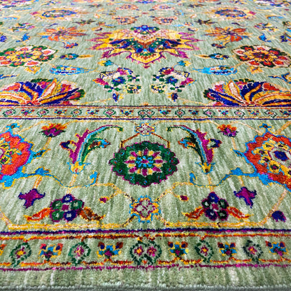 Green Multy, Sari Silk and Wool Hi-Lo Traditional Handknotted 7.11x9.9Ft 241x298Cms Area Rug