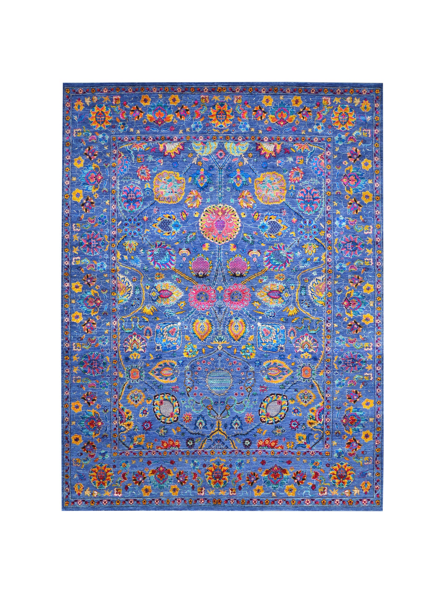 Blue Multy, Sari Silk and Wool Hi-Lo Traditional Handknotted 8.11x11.11Ft 271x362Cms Area Rug