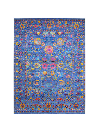 Blue Multy, Sari Silk and Wool Hi-Lo Traditional Handknotted 8.11x11.11Ft 271x362Cms Area Rug