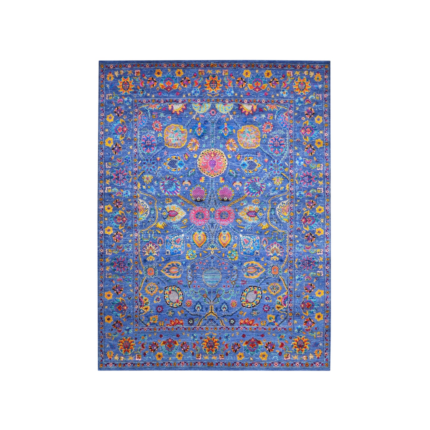 Blue Multy, Sari Silk and Wool Hi-Lo Traditional Handknotted 8.11x11.11Ft 271x362Cms Area Rug
