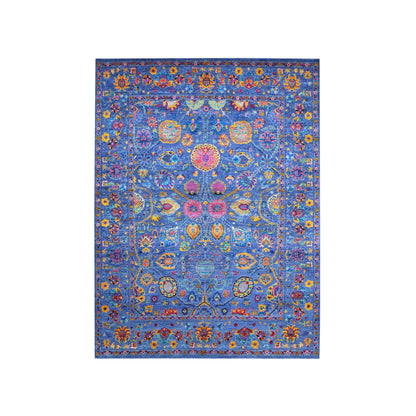 Blue Multy, Sari Silk and Wool Hi-Lo Traditional Handknotted 8.11x11.11Ft 271x362Cms Area Rug