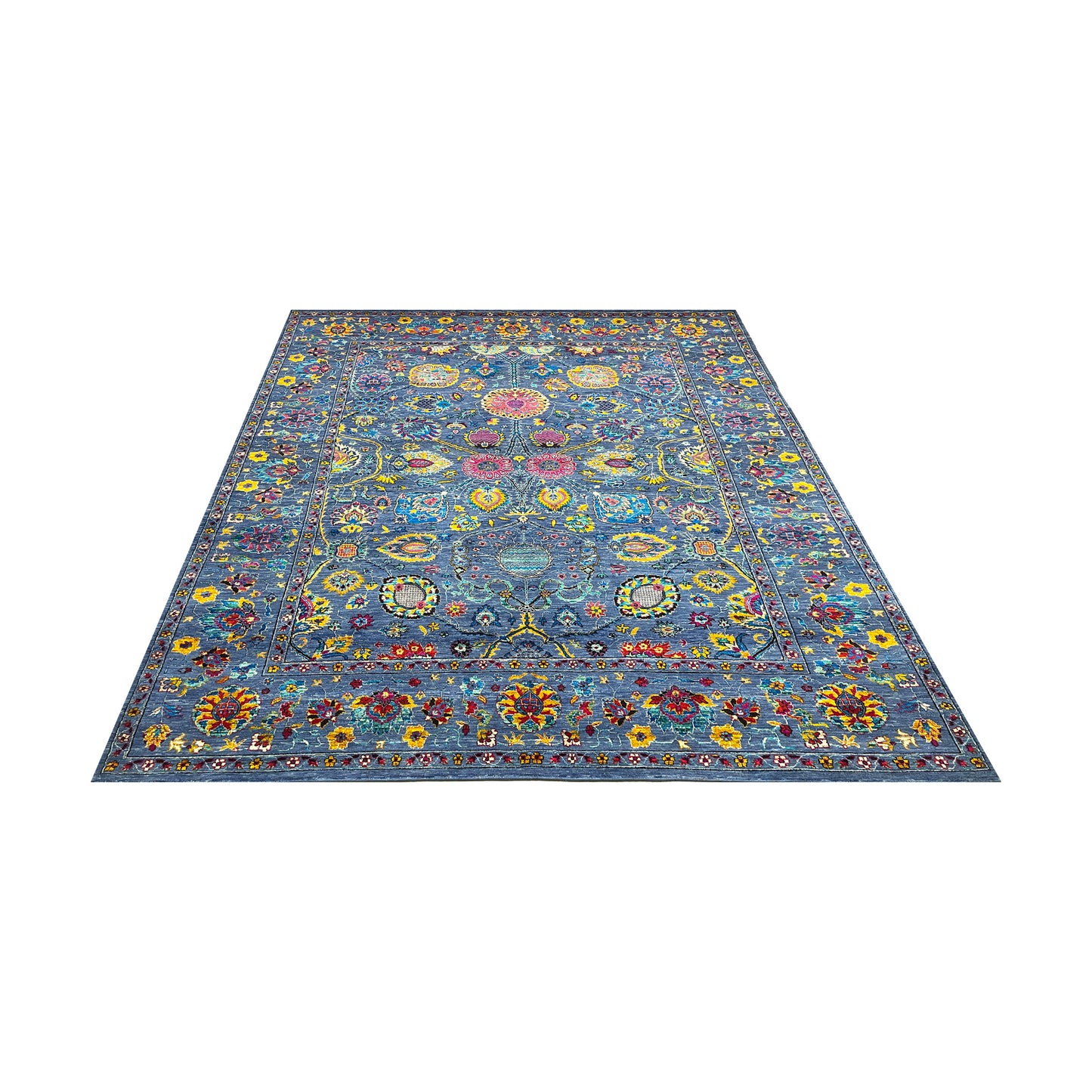 Blue Multy, Sari Silk and Wool Hi-Lo Traditional Handknotted 8.11x11.11Ft 271x362Cms Area Rug