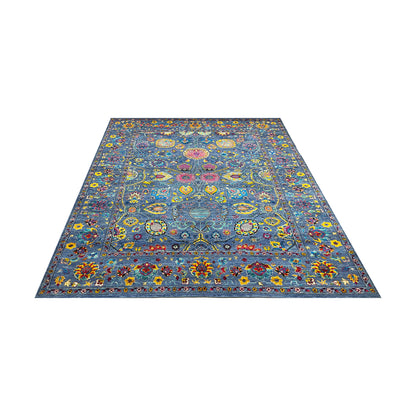 Blue Multy, Sari Silk and Wool Hi-Lo Traditional Handknotted 8.11x11.11Ft 271x362Cms Area Rug