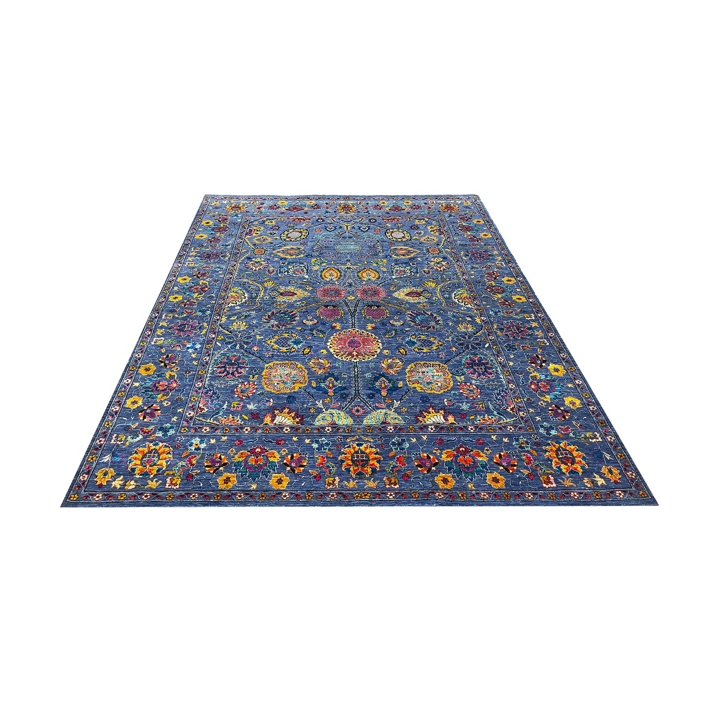 Blue Multy, Sari Silk and Wool Hi-Lo Traditional Handknotted 8.11x11.11Ft 271x362Cms Area Rug