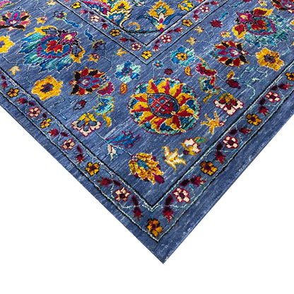 Blue Multy, Sari Silk and Wool Hi-Lo Traditional Handknotted 8.11x11.11Ft 271x362Cms Area Rug