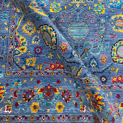 Blue Multy, Sari Silk and Wool Hi-Lo Traditional Handknotted 8.11x11.11Ft 271x362Cms Area Rug