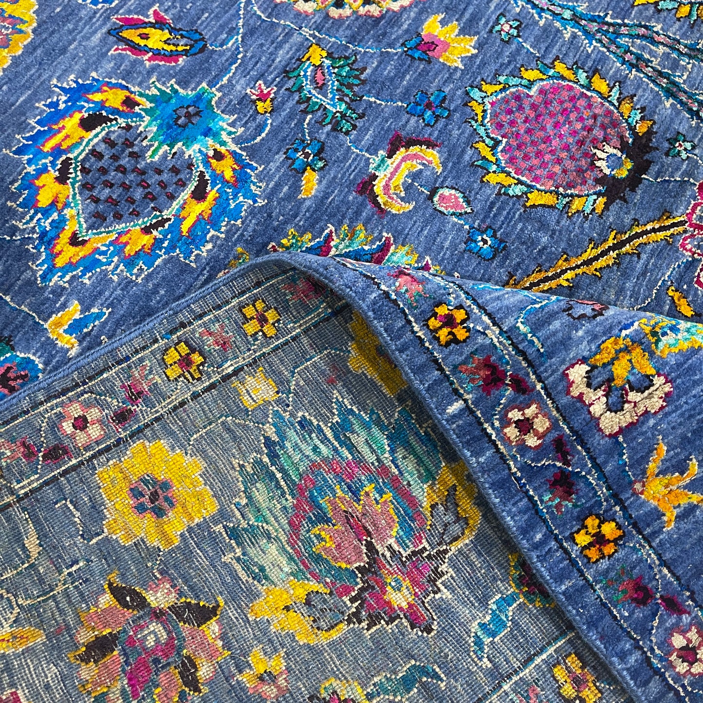 Blue Multy, Sari Silk and Wool Hi-Lo Traditional Handknotted 8.11x11.11Ft 271x362Cms Area Rug