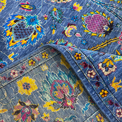 Blue Multy, Sari Silk and Wool Hi-Lo Traditional Handknotted 8.11x11.11Ft 271x362Cms Area Rug