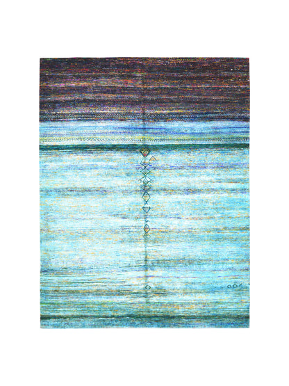 Aqua, Light Blue and Multy Abrash Sari Silk Modern textured Handknotted Area Rug