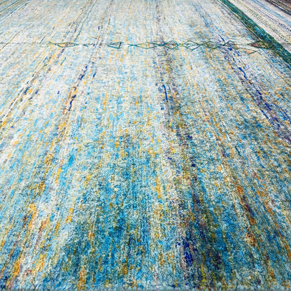 Aqua, Light Blue and Multy Abrash Sari Silk Modern textured Handknotted Area Rug