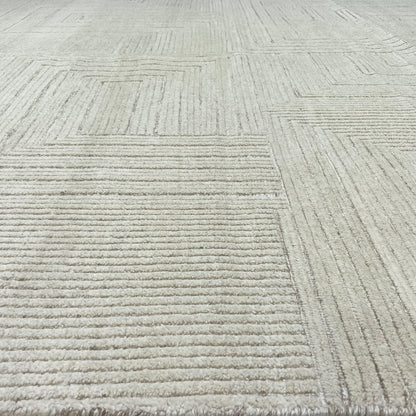 Silver and Beige Modern Textured Woollen Japandi Handknotted Area Rug