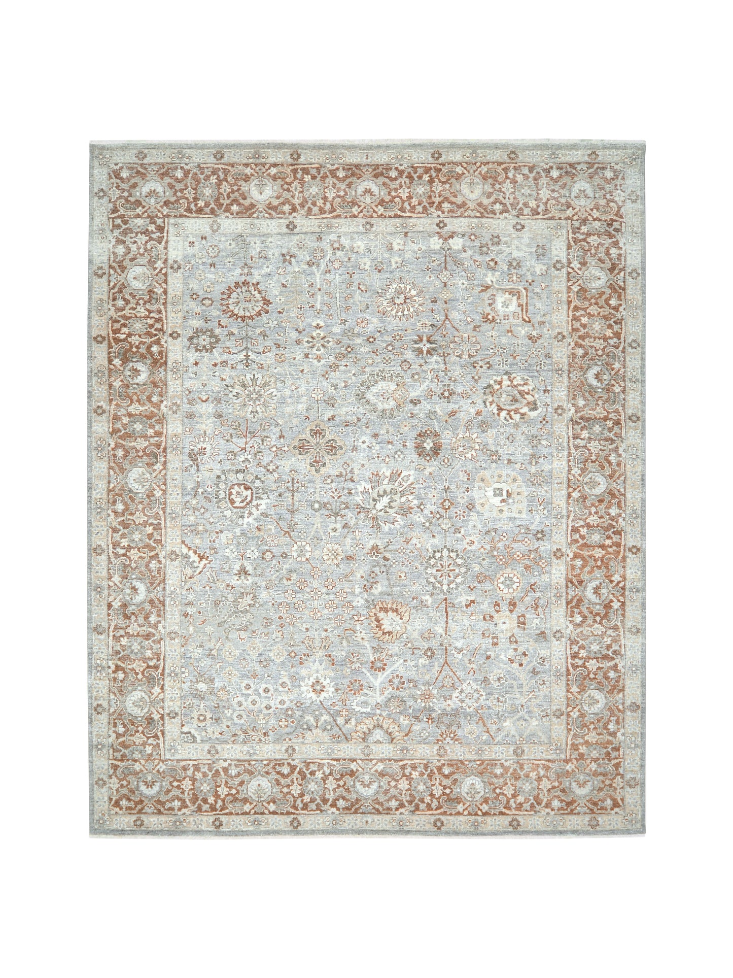 Grey, Ivory and Rust Pure Wool Traditional Handknotted Area Rug