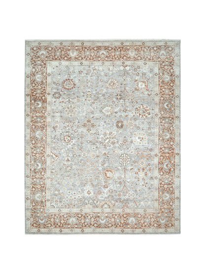 Grey, Ivory and Rust Pure Wool Traditional Handknotted Area Rug