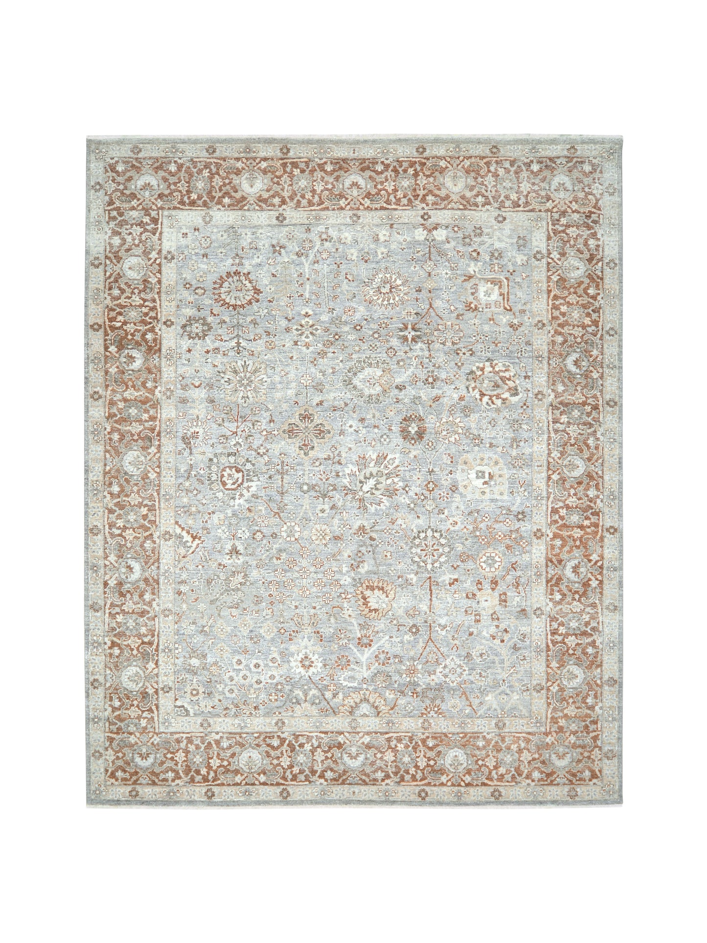 Grey Ivory Rust, Pure Wool Traditional Handknotted 8.0x9.11Ft 244x302Cms Area Rug