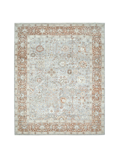 Grey Ivory Rust, Pure Wool Traditional Handknotted 8.0x9.11Ft 244x302Cms Area Rug