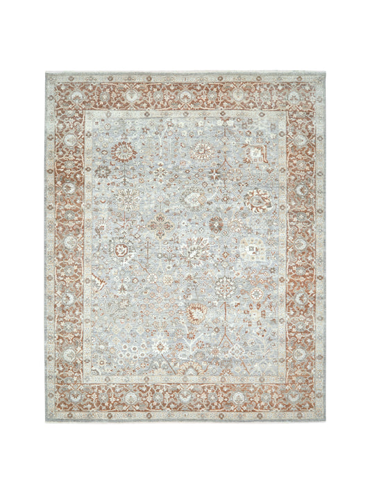 Grey Ivory Rust, Pure Wool Traditional Handknotted 8.0x9.11Ft 244x302Cms Area Rug
