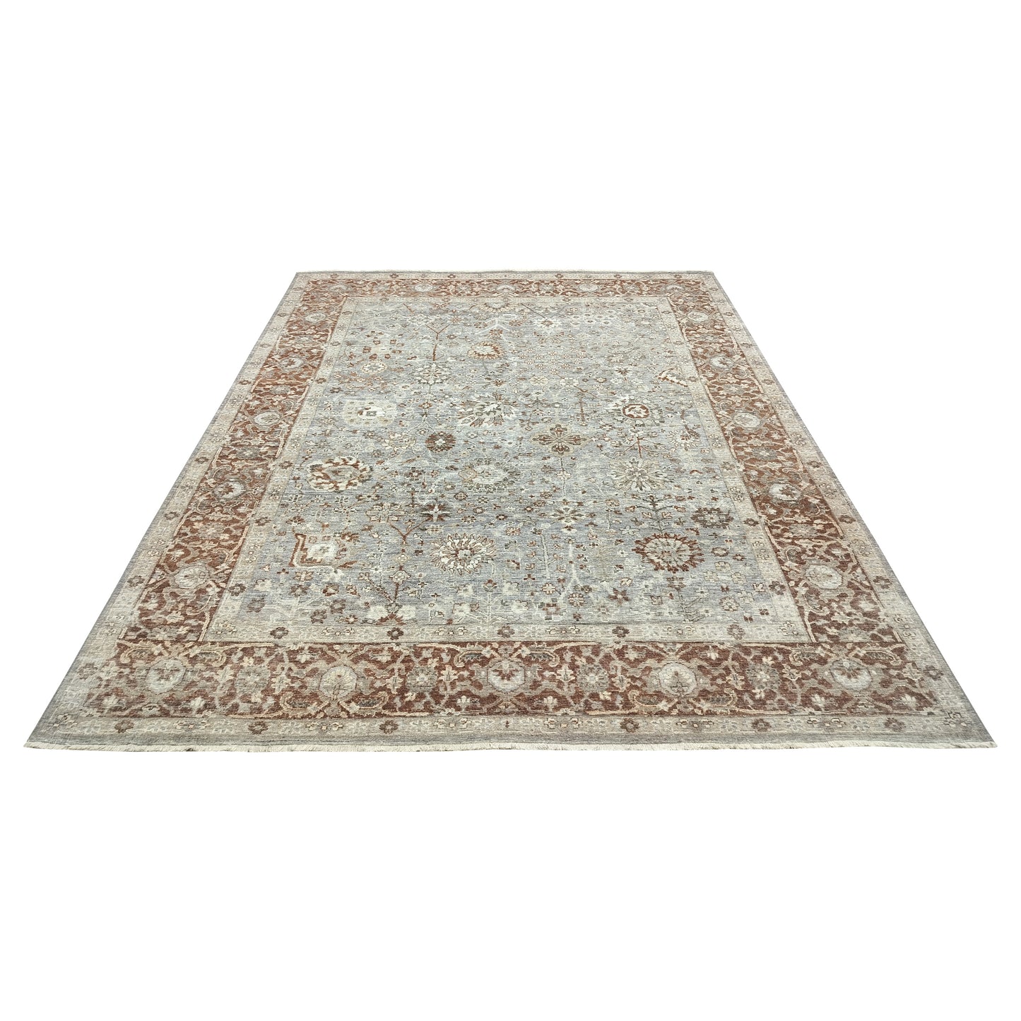 Grey, Ivory and Rust Pure Wool Traditional Handknotted Area Rug