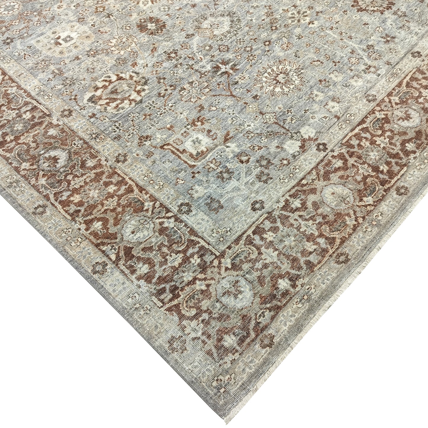 Grey Ivory Rust, Pure Wool Traditional Handknotted 8.0x9.11Ft 244x302Cms Area Rug