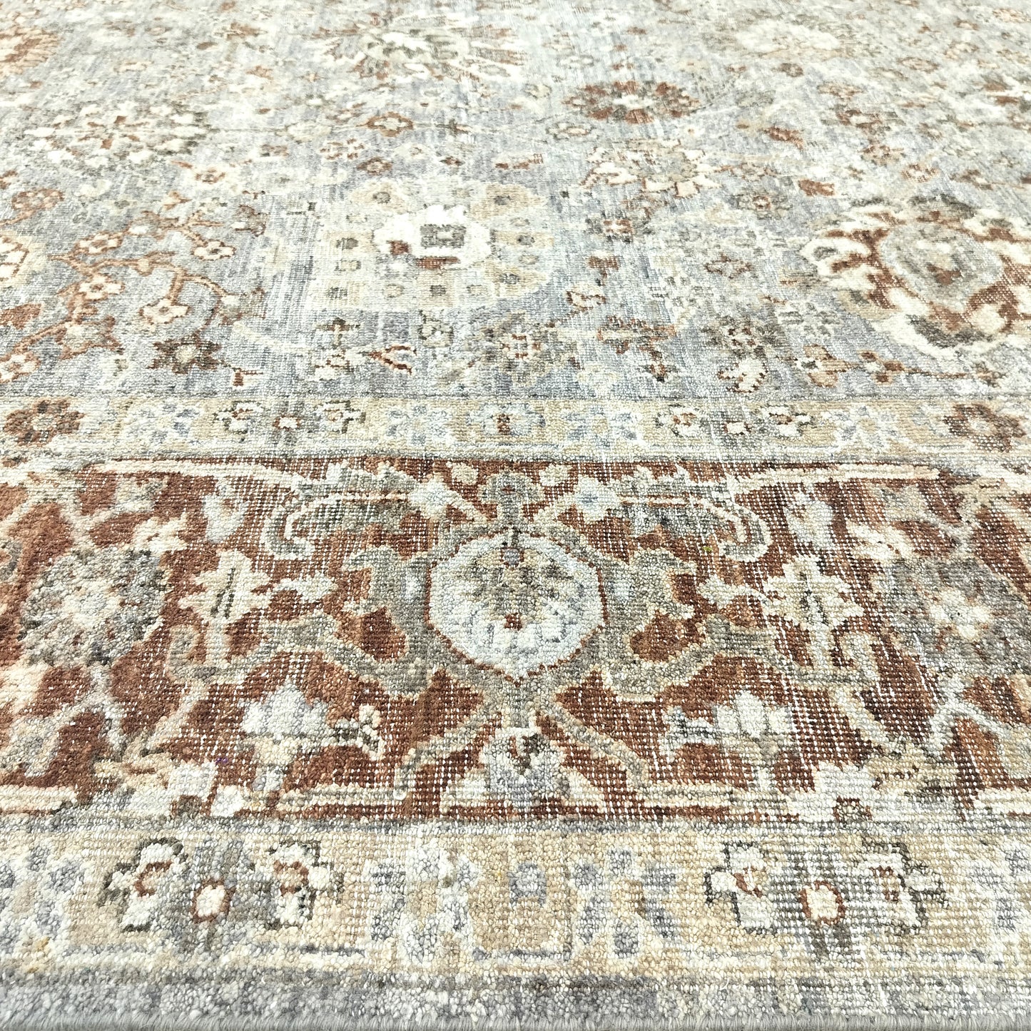 Grey, Ivory and Rust Pure Wool Traditional Handknotted Area Rug