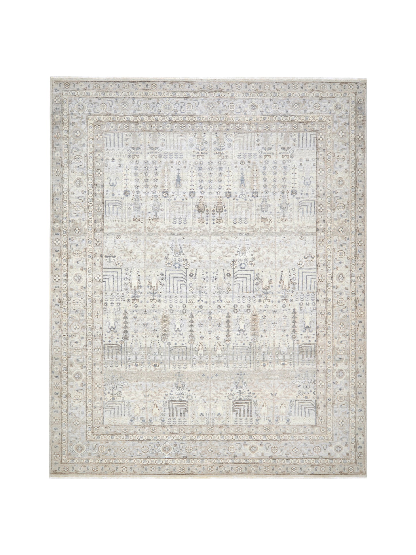 Grey Beige and Blue Pure Wool Traditional Handknotted Area Rug