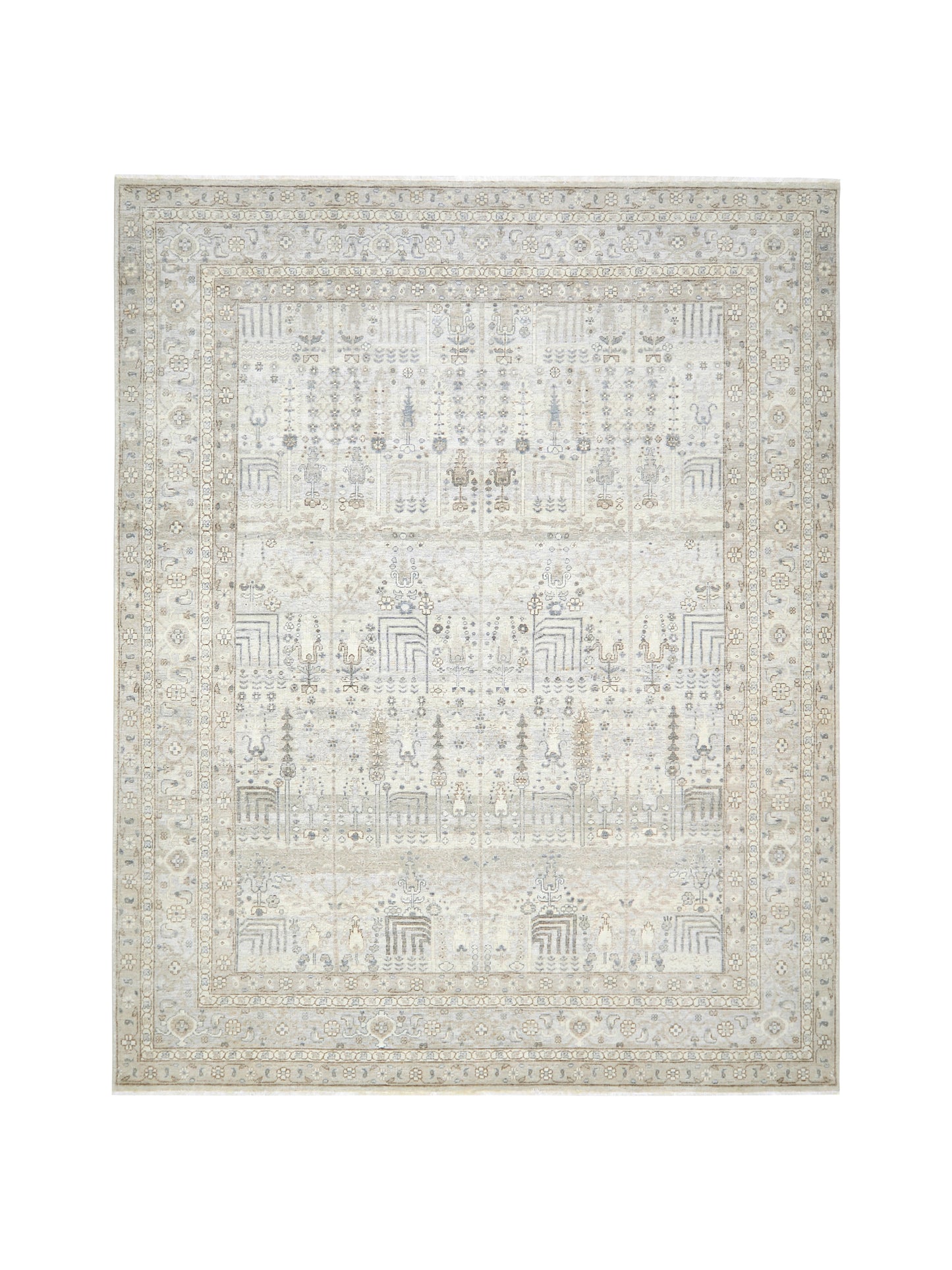 Grey Beige and Blue Pure Wool Traditional Handknotted 7.11x9.11Ft 237x302Cms Area Rug