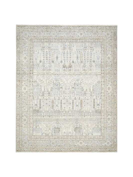 Grey Beige and Blue Pure Wool Traditional Handknotted 7.11x9.11Ft 237x302Cms Area Rug