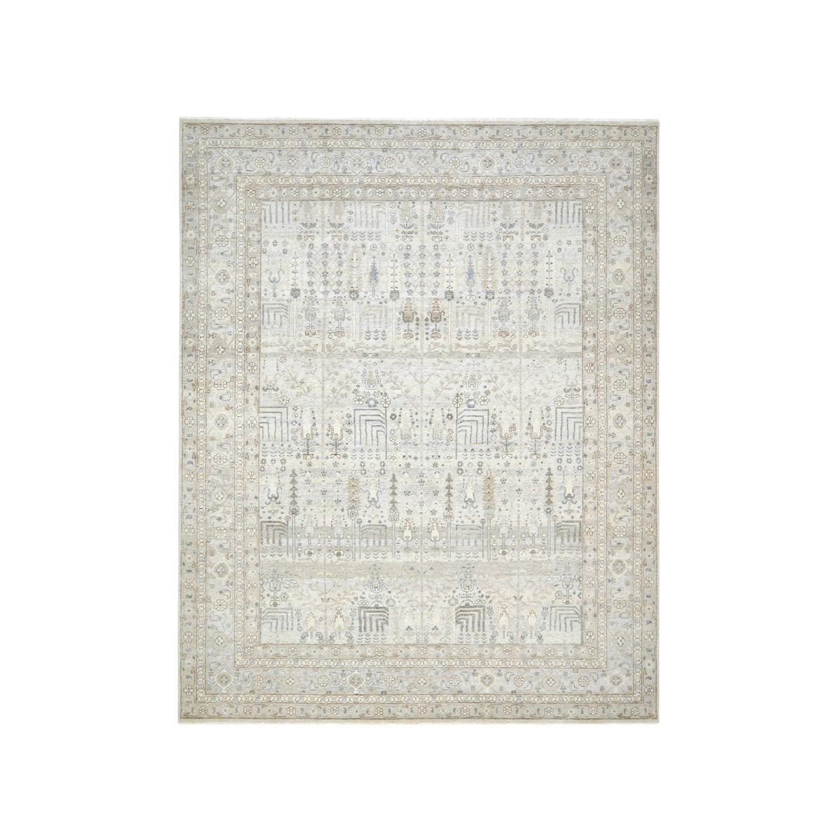 Grey Beige and Blue Pure Wool Traditional Handknotted 7.11x9.11Ft 237x302Cms Area Rug