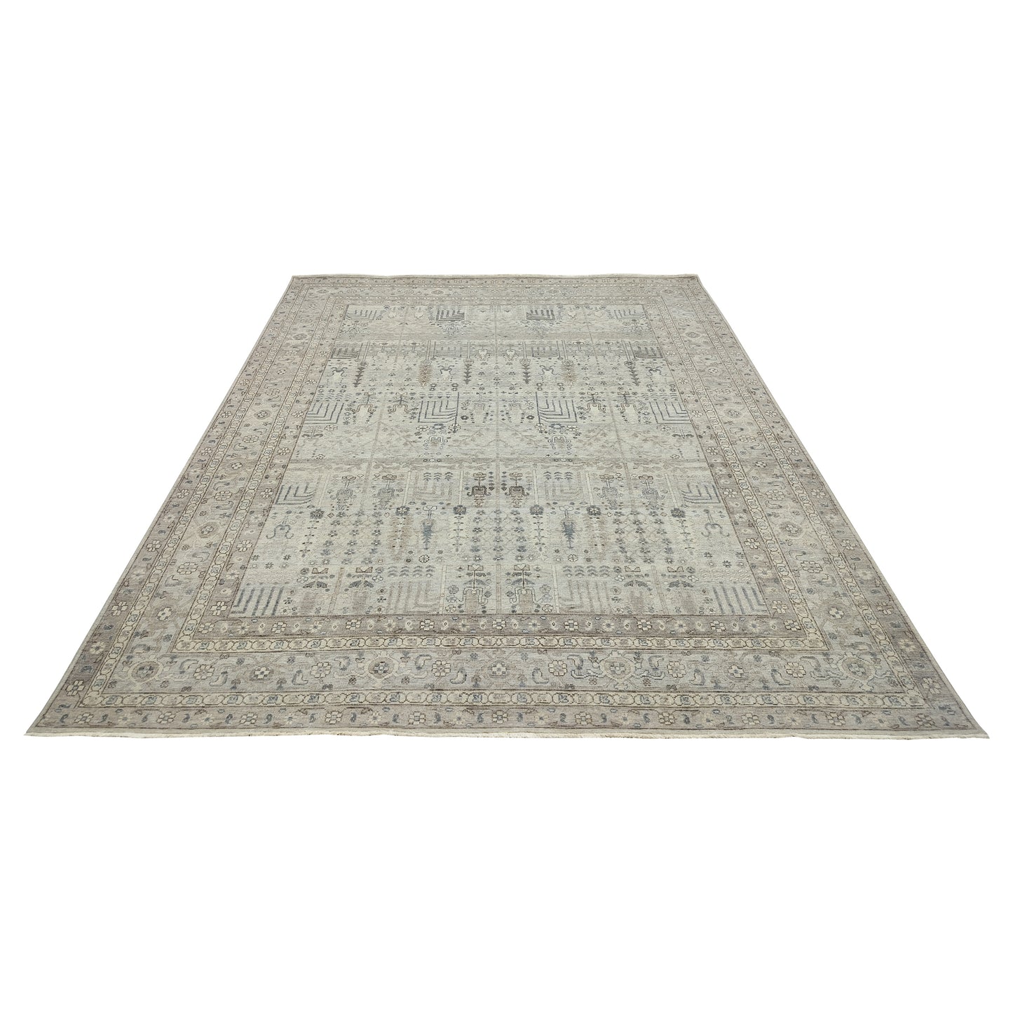 Grey Beige and Blue Pure Wool Traditional Handknotted Area Rug