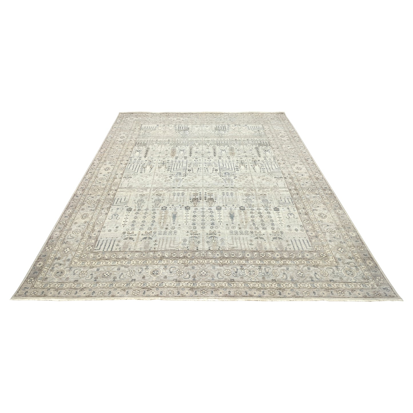 Grey Beige and Blue Pure Wool Traditional Handknotted 7.11x9.11Ft 237x302Cms Area Rug