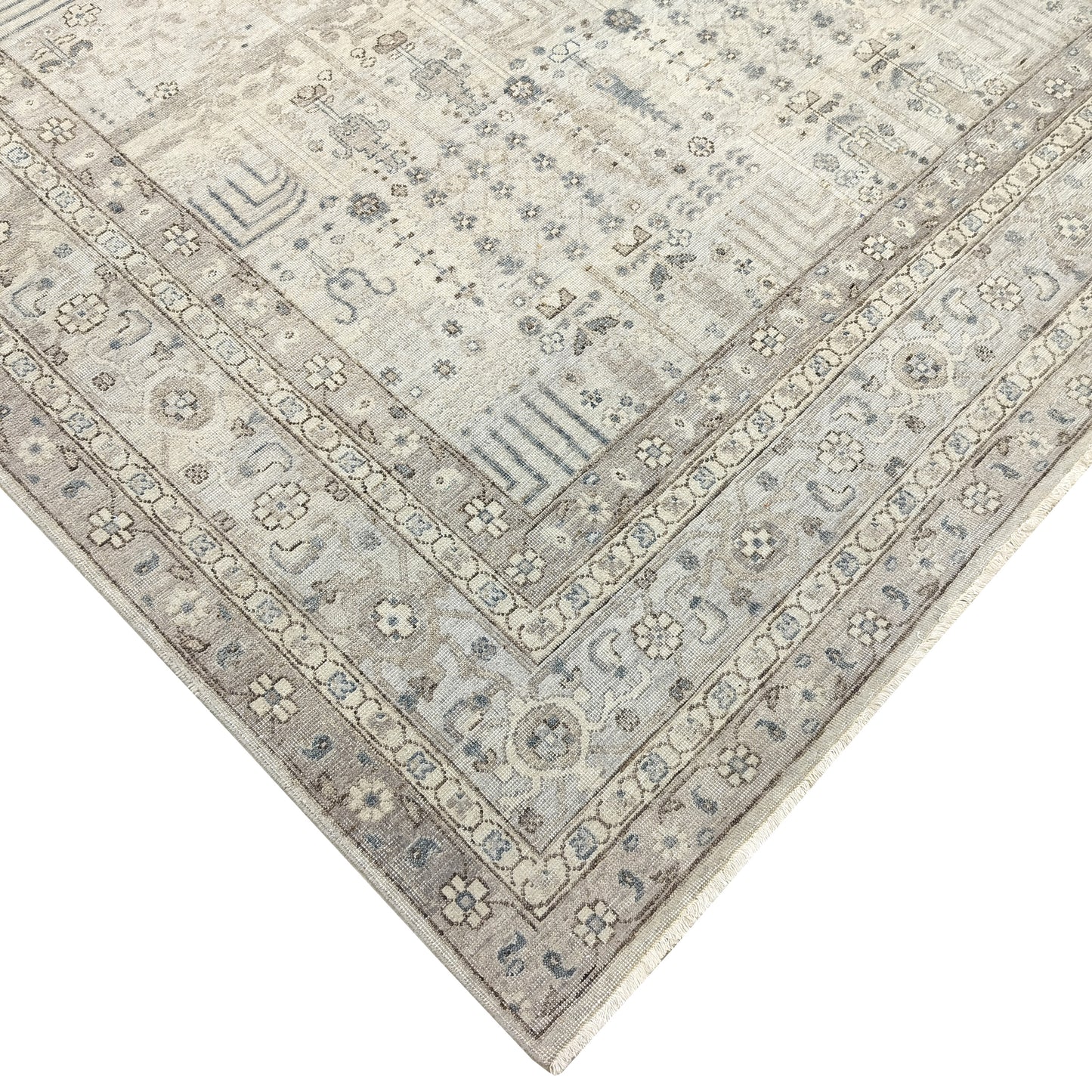Grey Beige and Blue Pure Wool Traditional Handknotted 7.11x9.11Ft 237x302Cms Area Rug