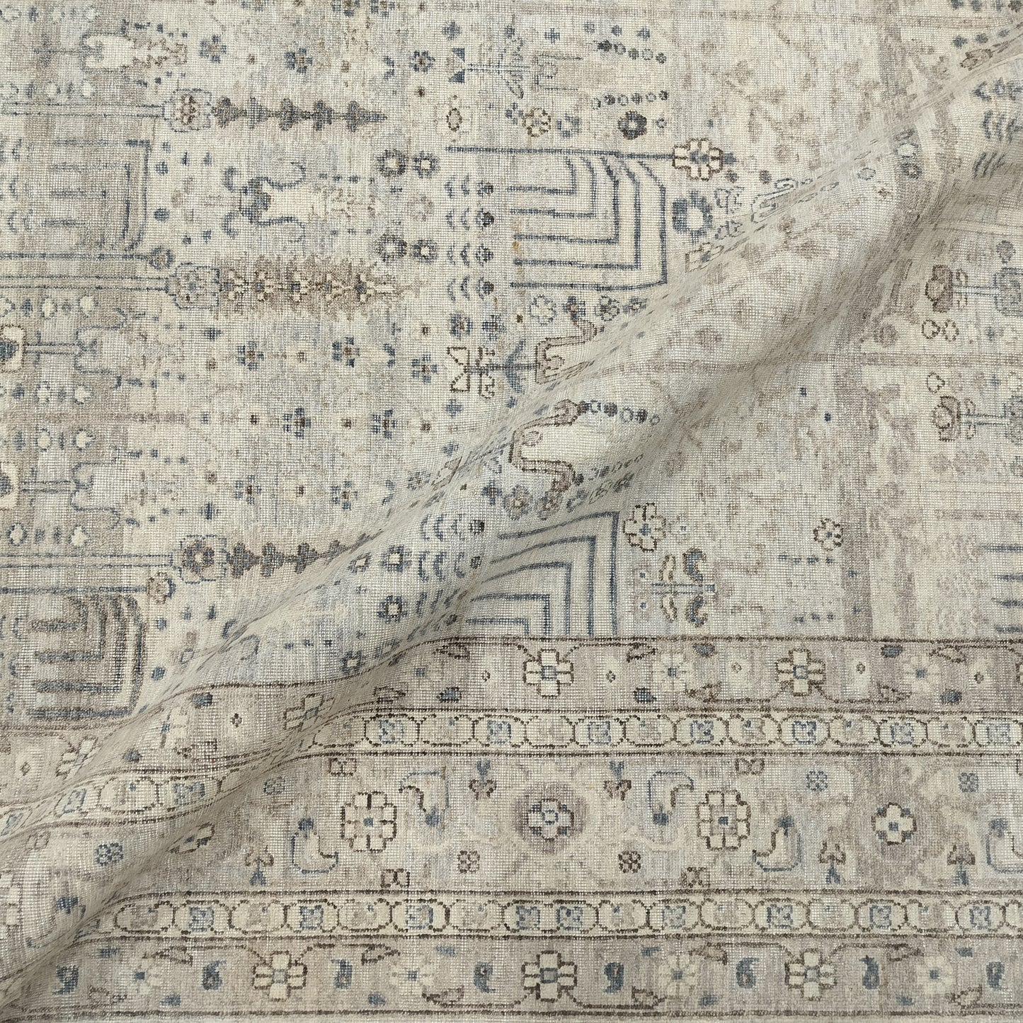 Grey Beige and Blue Pure Wool Traditional Handknotted Area Rug