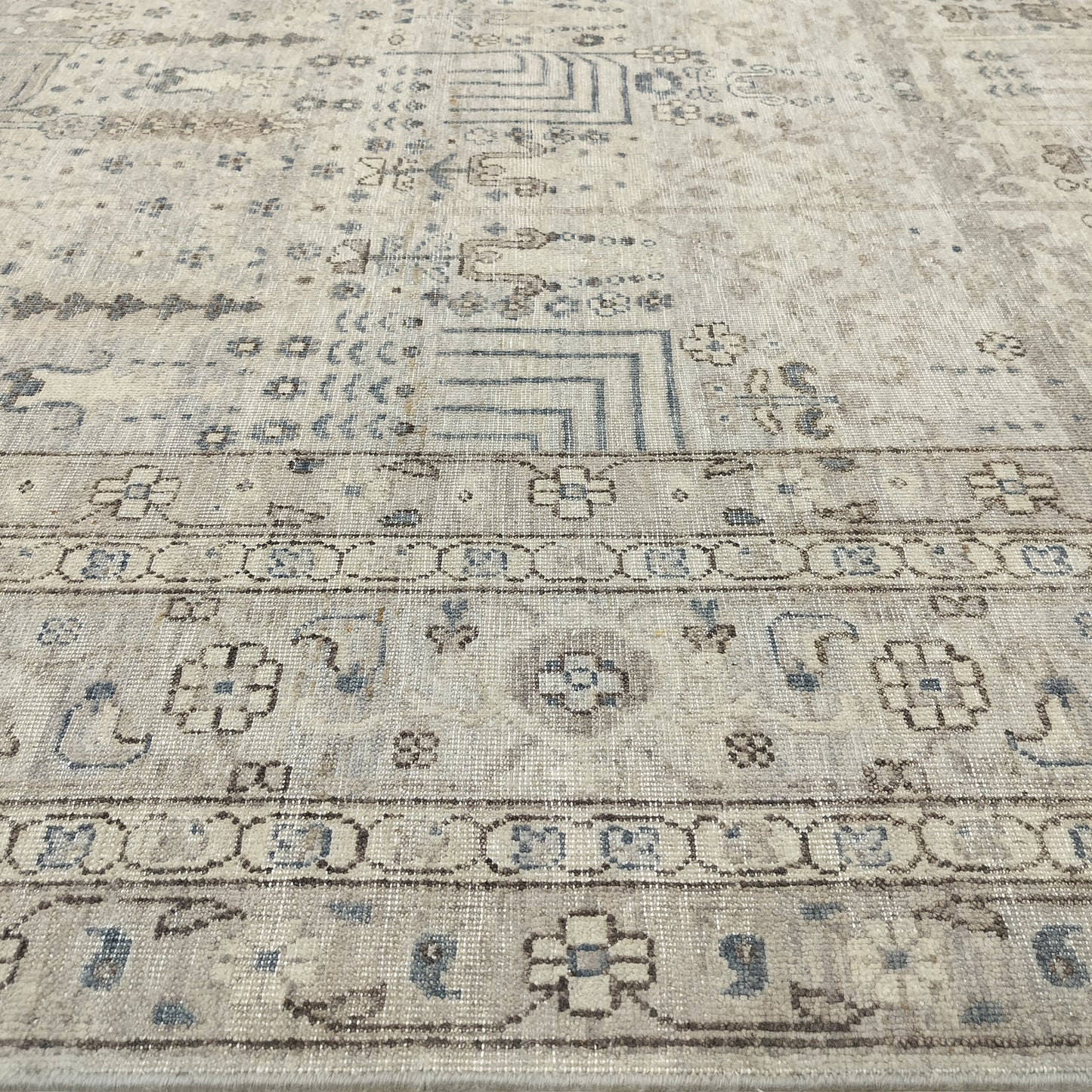 Grey Beige and Blue Pure Wool Traditional Handknotted Area Rug