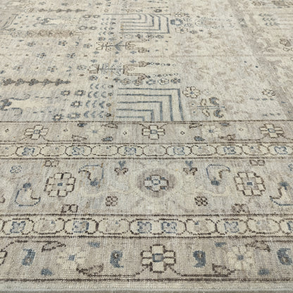 Grey Beige and Blue Pure Wool Traditional Handknotted Area Rug