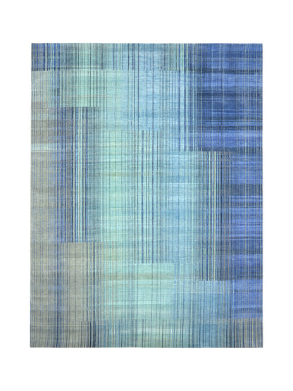 Grey, Blue and Aqua Pure Wool Modern Abstract Handknotted 8.2x12.1Ft 280x367Cms Area Rug