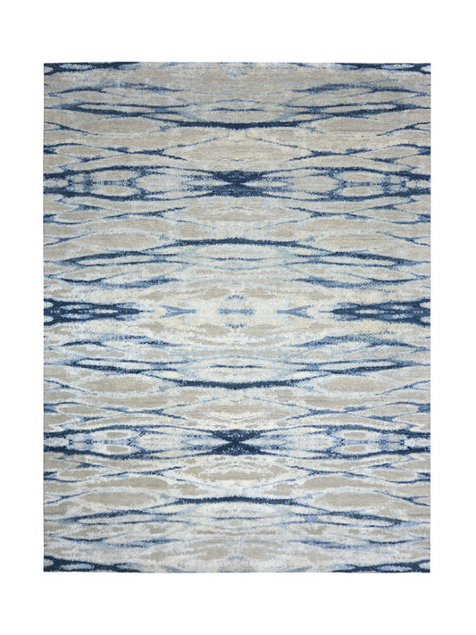 Deep Blue Grey, Silk and Carved Wool Modern Abstract Handknotted 9.1x12.2Ft 276x370Cms Area Rug