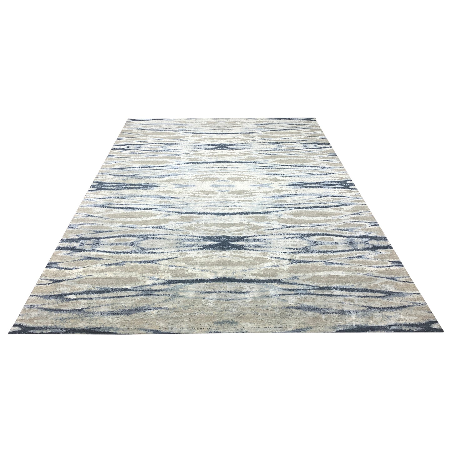 Deep Blue Grey, Silk and Carved Wool Modern Abstract Handknotted 9.1x12.2Ft 276x370Cms Area Rug