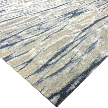 Deep Blue Grey, Silk and Carved Wool Modern Abstract Handknotted 9.1x12.2Ft 276x370Cms Area Rug