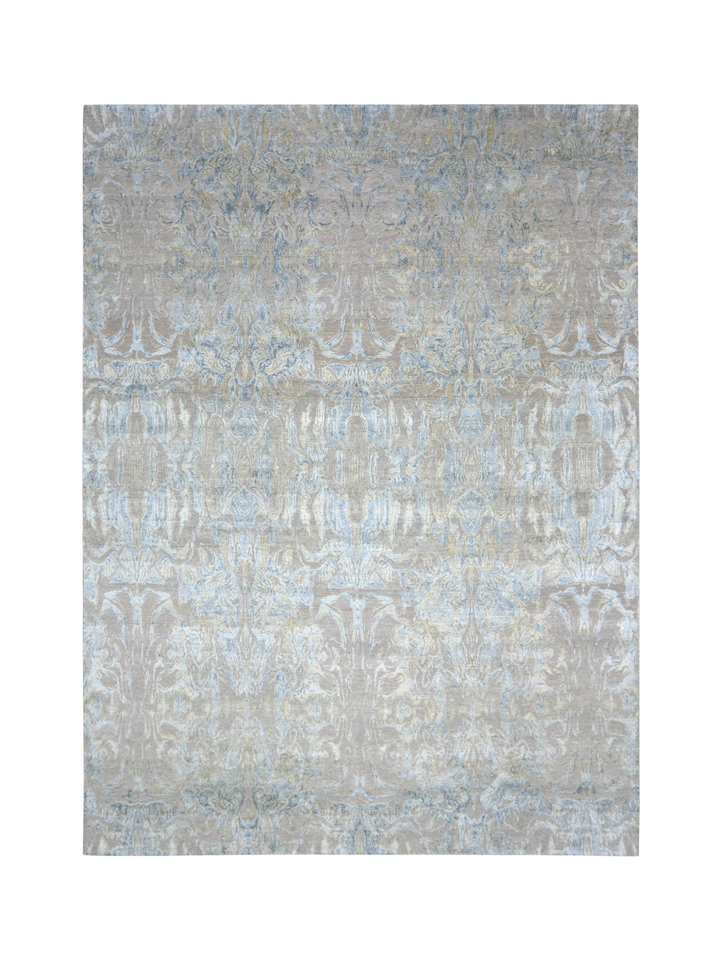 L. Blue Grey, Silk and Carved Wool Modern Abstract Handknotted 9.0x12.0Ft 273x365Cms Area Rug