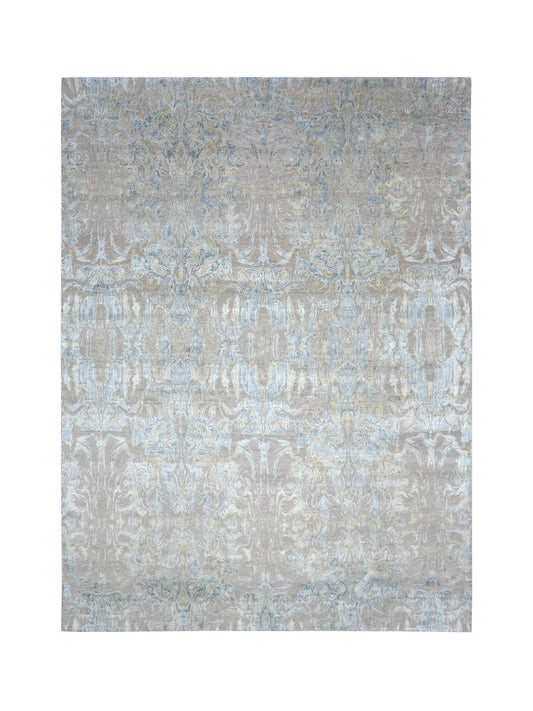 L. Blue Grey, Silk and Carved Wool Modern Abstract Handknotted 9.0x12.0Ft 273x365Cms Area Rug