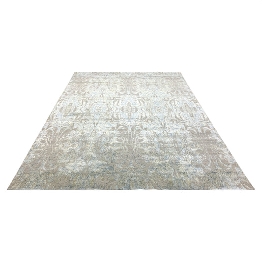 L. Blue Grey, Silk and Carved Wool Modern Abstract Handknotted 9.0x12.0Ft 273x365Cms Area Rug