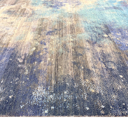 Grey, Blue and Charcoal Pure Wool Modern Galaxy Handknotted 9.0x12.3Ft 275x373Cms Area Rug