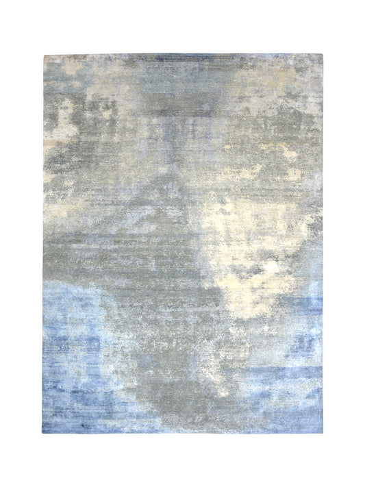 Grey Blue, Silk and Wool Hi-Lo Modern Abstract Handknotted 9.1x12.4Ft 276x375Cms Area Rug