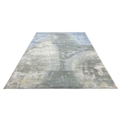 Grey Blue, Silk and Wool Hi-Lo Modern Abstract Handknotted 9.1x12.4Ft 276x375Cms Area Rug