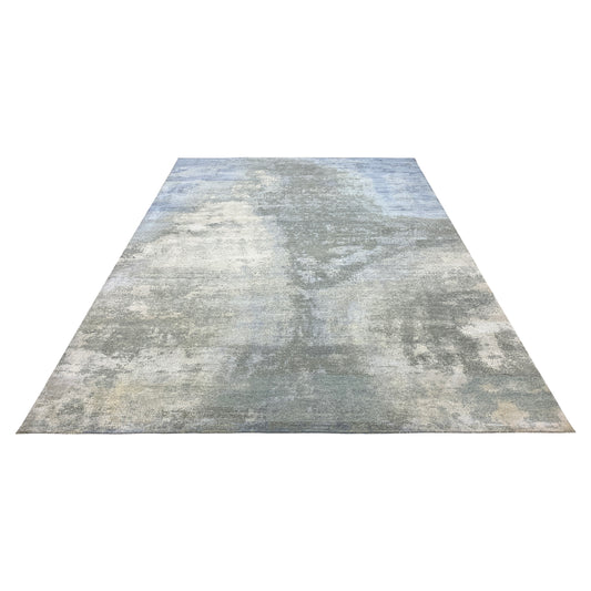 Grey Blue, Silk and Wool Hi-Lo Modern Abstract Handknotted 9.1x12.4Ft 276x375Cms Area Rug