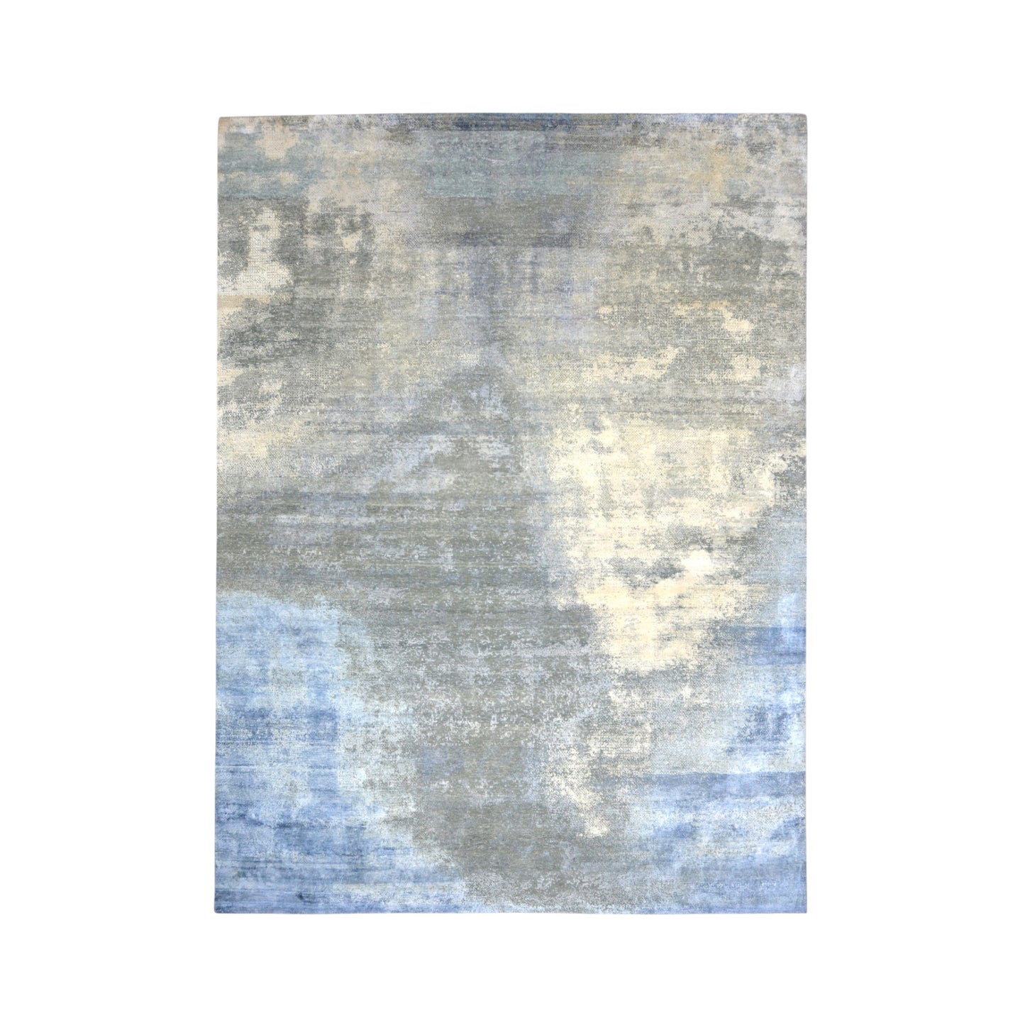 Grey Blue, Silk and Wool Hi-Lo Modern Abstract Handknotted 9.1x12.4Ft 276x375Cms Area Rug
