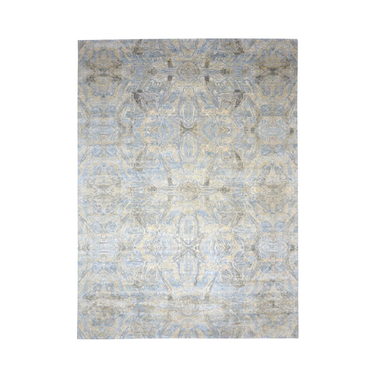 Beige, Grey and Blue Silk and Wool Modern Abstract Handknotted 9.0x12.6Ft 273x380Cms Area Rug