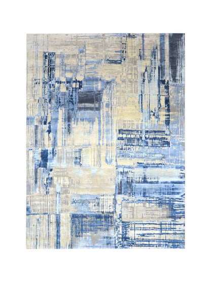Grey, Blue and Ivory Silk ans Wool Modern Textured Handknotted 8.10x12.3Ft 270x374Cms Area Rug